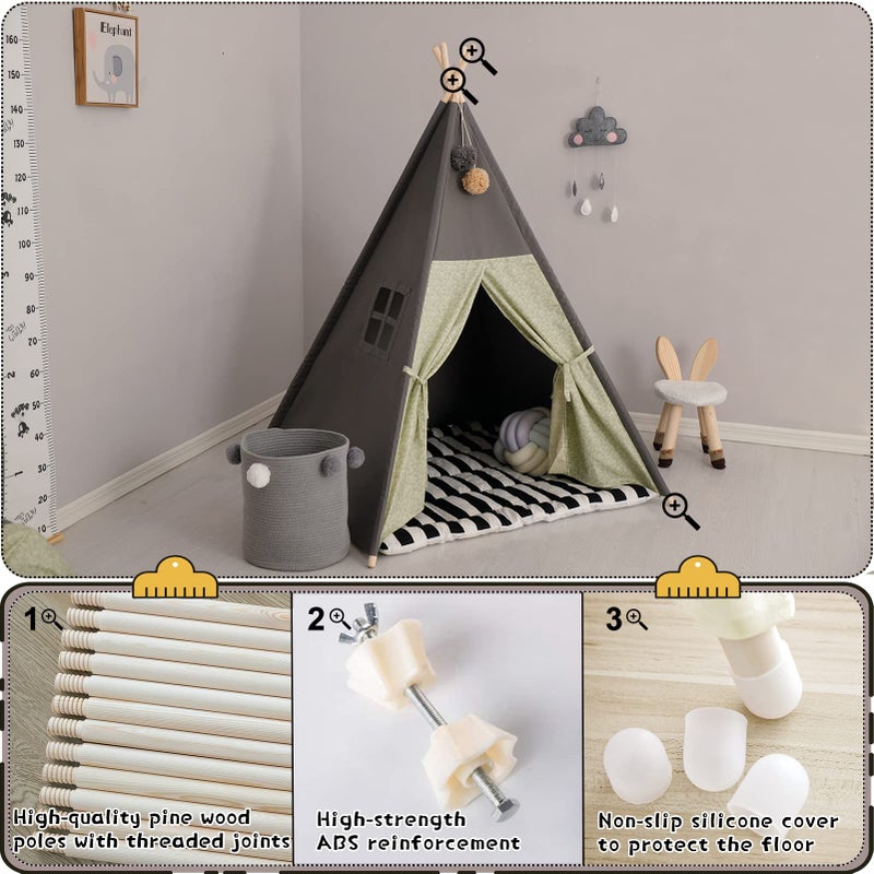 TreeBud Teepee Tent for Kids Stripe Padded Mat Foldable Dark Tone Grey Play Tents for Girl and Boy with Carry Case Wooden Pole Printing Canvas Tepee Playhouse for Child Indoor Outdoor - Image 4